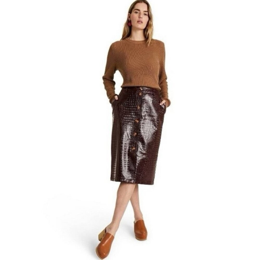 Rachel Comey X Target Faux Crocodile Skin Pencil Skirt Midi Size 10 Dark Brown